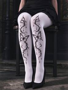 1 Pair Retro White Tights, Butterfly Vine Print Pantyhose For Women - White - View 4