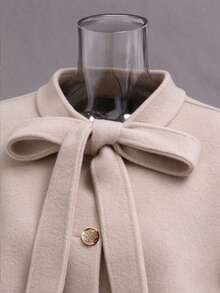 Women's Autumn/Winter Stand Collar Bow Faux Fur Cuff Cape Coat, Elegant Gold Button Short Commuter Jacket - Apricot - View 9