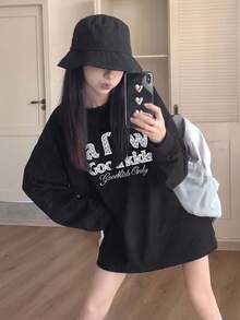 Women's American Vintage Distressed Letter Rhinestone Crew Neck Long Sleeve T-Shirt, Loose Drop Shoulder Casual Versatile Base Layer Top, Autumn/Winter - Black - View 4