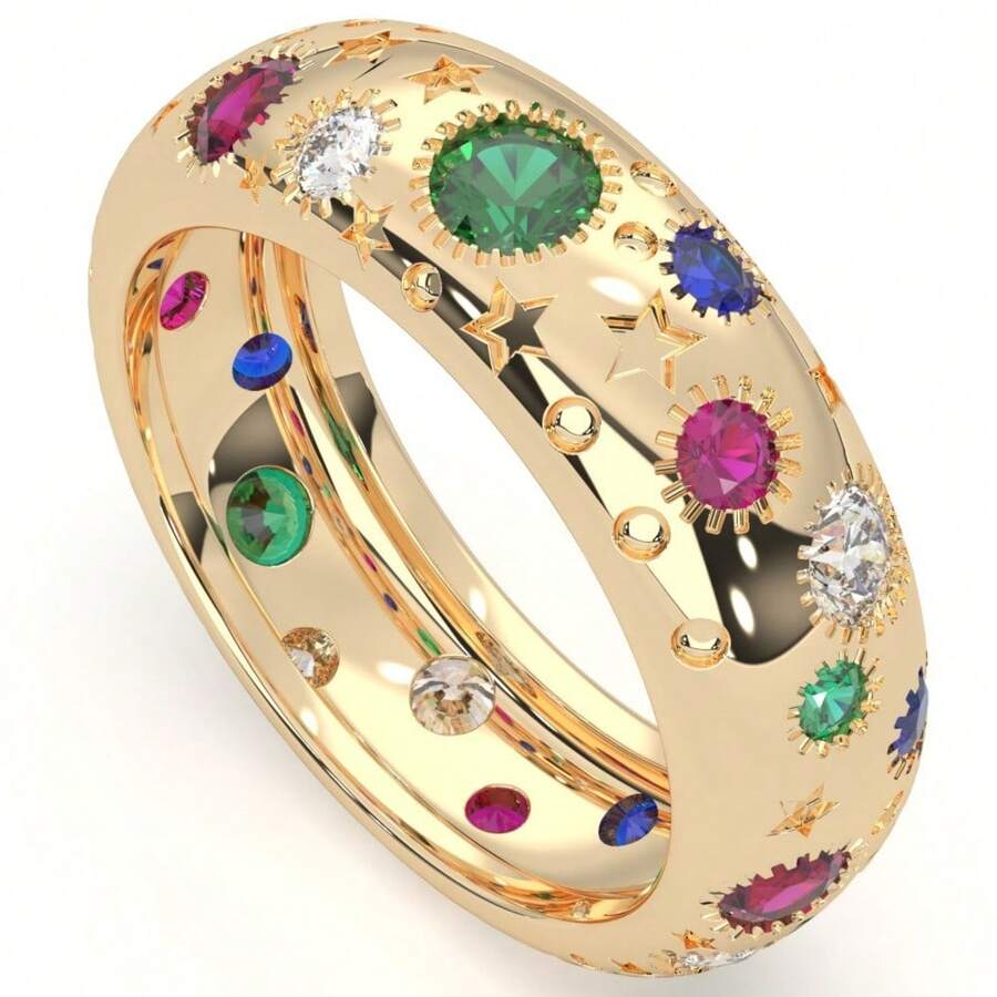 Women's Gold Geometric Ring, Inlaid With Sparkling Colorful Synthetic Zirconia, Luxury Classic Style, Suitable For Daily Wear, Parties And Holidays