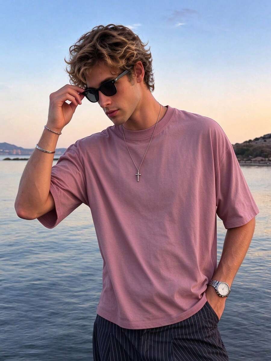 Camvyn Men's Casual Everyday Commute Versatile Minimalist Printed Round Neck Short Sleeve T-Shirt, Summer - Red - View 1