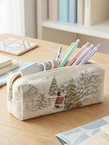 1pc Christmas Snowfield & Animals Print Corduroy Kids Pencil Case,Zipper Large Capacity Stationery Storage Pouch For Student School Daily Study - Multicolor - View 9