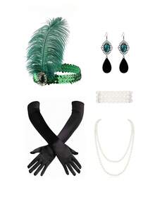 5pcs 1920s Flapper Feathers Headband Alloy Rhinestone Earring Long Pearl Choker Necklace Satin Gloves Set For Women Accessories Gatsby Theme Party ﻿ - Multicolor - View 12