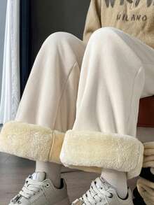 Soft Corduroy Fleece Lined Pants, Cozy High Waist Winter Trousers - Light Beige - View 8