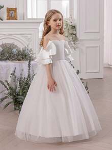 Tween Girl Bowknot Tulle Off Shoulder Flower Girl Dress, Easter Communion Princess Gown Suitable For Birthday Party, Wedding, Holiday Events - White - View 9