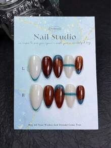 10pcs Handmade Autumn/Winter Almond Shape Press-On Nails, Milky White Amber Tortoiseshell Tie Dye Blue French Line Design, Hand-Painted Sealed Layer, Suitable For Women's Commute, Gathering, Daily Outing, Date, Party, Atmosphere Acrylic Nail Art, Easy To Apply, Removable, Reusable Fake Nail Set, Free Tool Kit Included - Mocha Brown - View 12