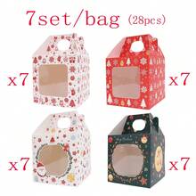 4/12/28pcs Christmas Cartoon Full Print Handheld Gift Boxes, Santa Claus & Snowman Pattern Party Favor Boxes, Holiday Dessert Paper Boxes - Multicolor - View 9