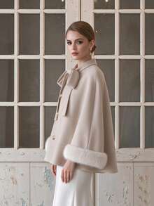 Women's Autumn/Winter Stand Collar Bow Faux Fur Cuff Cape Coat, Elegant Gold Button Short Commuter Jacket - Apricot - View 5