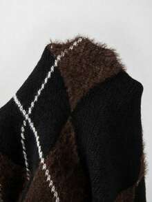 Women's New Vintage Contrast Color Argyle Round Neck Long Sleeve Knit Sweater - Chocolate With Black - View 10