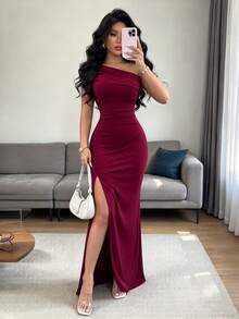 Women Long Dresses - Wine Red - View 5