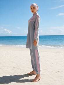 VFJ Women's Swimwear, Islamic Style 3 Pieces Swimwear Set, Gray And Pink Patchwork, Includes Headscarf Summer Vacation Beach - Grey - View 5