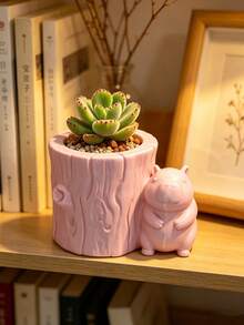 Healing Capybara Tree Stump Planter, Realistic Tree Stump Texture Paired With Adorable Capybara, Black And White Minimalist Design. Suitable For Planting Succulents And Small Flowers, Perfect For Indoor Tabletop Display To Easily Create A Cute Natural Landscape. - Multicolor - View 3