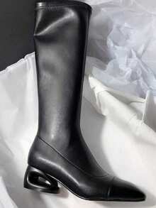 Women's Square Toe Chunky Heel Side Zipper Casual Patchwork Suede Slim Minimalist High Heel Tall Boots - Black - View 4