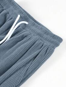 1pc Tween Boys Vintage Corduroy Textured Vertical Striped Wide Leg Loose Relaxed Fit Floor-Length Casual Pants - Blue - View 5