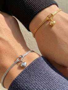 1pc Stainless Steel Heart Pendant Concentric Knot Round Snake Chain Fashion Unisex Bracelet - Heart Bracelet - View 1