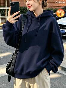 Women's Cotton Sweatshirt, Autumn/Winter Fleece-Lined Long Sleeve Loose Sweatshirt With Rose Print - Navy Blue - View 5