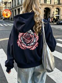 Women's Cotton Sweatshirt, Autumn/Winter Fleece-Lined Long Sleeve Loose Sweatshirt With Rose Print - Navy Blue - View 1
