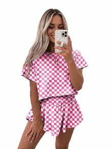 Acelitt Summer Women's Checkerboard Print Retro Y2K Style T-Shirt And High Waist Skirt Knit 2-Piece Set, Suitable For Casual Wear And Home Elegant - Hot Pink - View 1