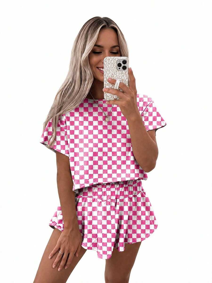 Acelitt Summer Women's Checkerboard Print Retro Y2K Style T-Shirt And High Waist Skirt Knit 2-Piece Set, Suitable For Casual Wear And Home Elegant - Hot Pink - View 1