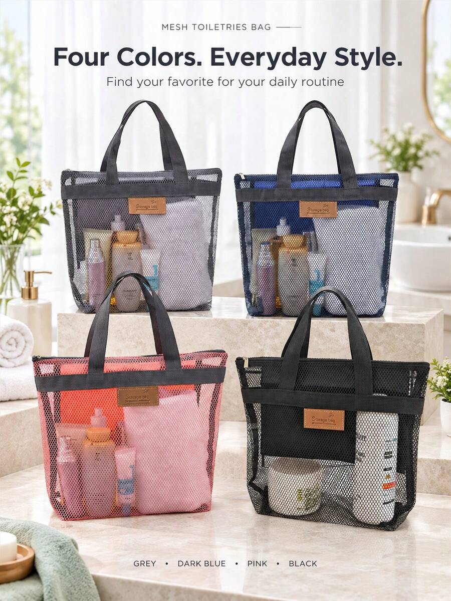 Portable Mesh Shower Caddy For College Dorms And Shared Bathrooms, See-Through Mesh Toiletry Bag For Gym Showers And Swimming Pool Visits, Versatile Mesh Bathroom Organizer For Shampoo And Skincare Storage During Travel And Weekend Getaways - Multicolor - View 1