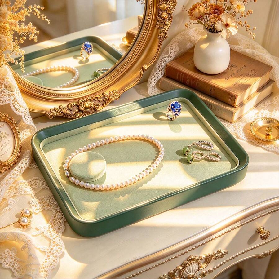 1pc French Vintage Luxury Jewelry Tray, Leather Suede Necklace Ring Earring Bracelet Selection Tray, Jewelry Storage Display Prop - Multicolor - View 1