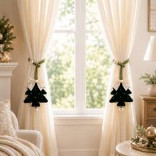 2pcs Christmas Tree Curtain Tiebacks, Green Braided Rope Curtain Holdbacks, Pearl Bowknot Decorative Curtain Tie, Holiday Home Window Decor, Suitable For Living Room And Bedroom Curtain Decoration - Multiple Styles - View 3