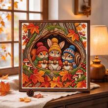 1pc Autumn Tree Hollow Animal Cross Stitch Kit 38x38cm [15x15 Inches] 11CT Cute Squirrel Rabbit Print, Beginner Stress Relief Handmade, Autumn/Winter Atmosphere Living Room Decor - Multicolor - View 13