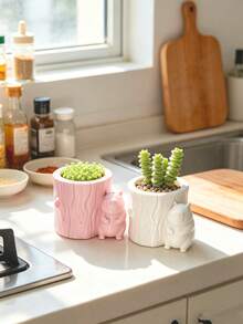 Healing Capybara Tree Stump Planter, Realistic Tree Stump Texture Paired With Adorable Capybara, Black And White Minimalist Design. Suitable For Planting Succulents And Small Flowers, Perfect For Indoor Tabletop Display To Easily Create A Cute Natural Landscape. - Multicolor - View 10