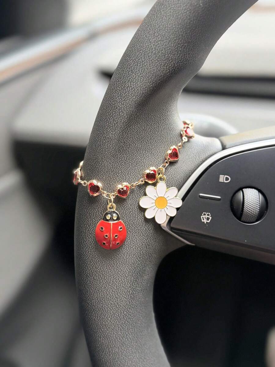 1pc Ladybug Daisy Pendant Heart Chain Car Steering Wheel Gear Shift Decoration, Creative Car Interior Ornament, Car Decoration Accessory - A - View 1