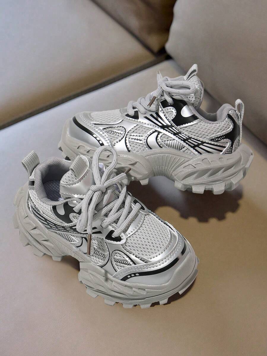 Kids Silver Grey Mesh Chunky Sneakers, Spring/Autumn Breathable Thick Sole Shock-Absorbing Non-Slip Sports Running Shoes For Boys And Girls - Grey - View 1