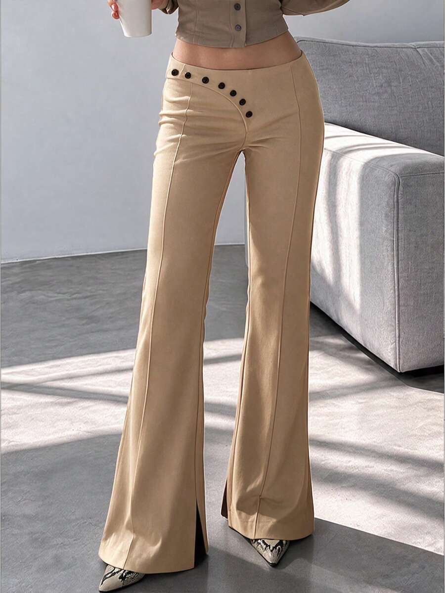 Women's Elegant Flare Pants, Asymmetrical Button Detail Split Hem Bootcut Trousers, Front Seam Slim Fit Dress Pants For Office Work & Business Casual - Khaki - View 1