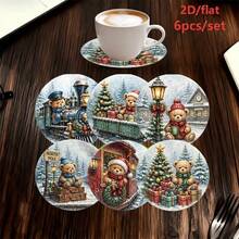 6pcs Christmas Vintage Teddy Bear Train Round Coasters, Winter Snow Scene Printed Wooden Non-Slip Heat-Resistant Coasters, Christmas Atmosphere Desktop Decoration, Desktop Heat-Resistant Mat Holiday Gift - Wooden Coaster LDX2977 - View 8