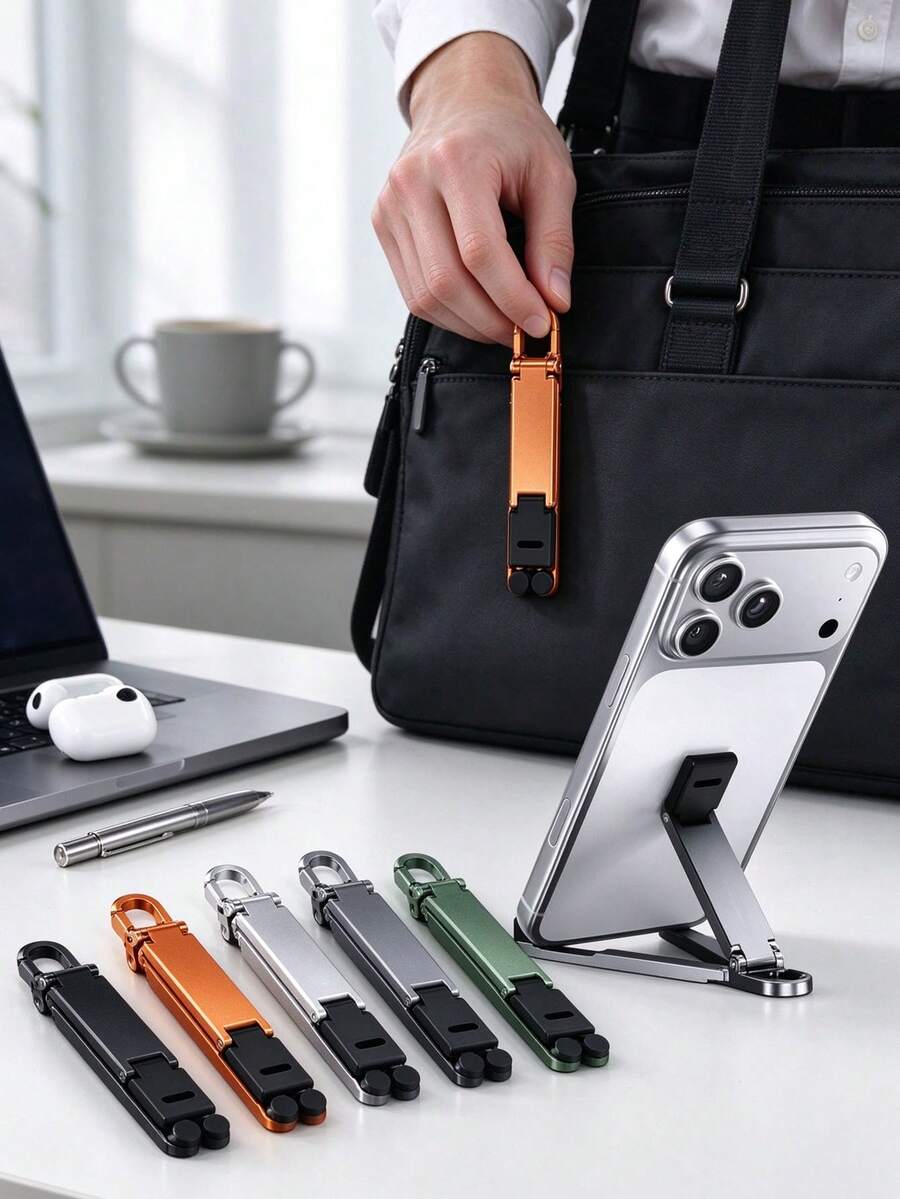 4pcs Portable Folding Phone Stand, Mini Keychain Phone Holder With Spring Hook, Portable Outdoor Travel Phone Support Stand, Compatible With Iphone And All Small Smartphones - Multicolor - View 1