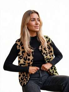 Acelitt Leopard Print Contrast Color Faux Fur Vest Single-Breasted Fleece Jacket Women's Winter Coat Vacation - Apricot - View 1