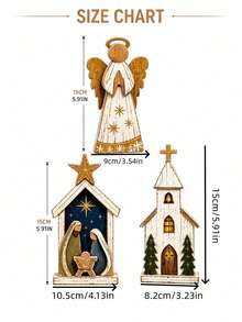 1 Set 3 Pieces2D Wooden Nativity Tabletop Decor, Rustic Farmhouse Ornament Angel Holy Family Church For Mantel Shelf Xmas Party Centerpiece - Multicolor - View 6