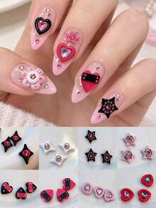 Y2K Pink & Black Heart & Star Nail Art Decorations, 5pcs, 3D Resin Rhinestone Nail Charms, Millennium Nail Art Supplies, 3D Nail Decorations, Fashionable & Cool Nail Art Accessories, Nail Art Decorations, Professional Nail Art Decorations, Nail Decorations, DIY Personalized Nail Art Gems, Suitable For Home Nail Art Decoration - Multicolor - View 1