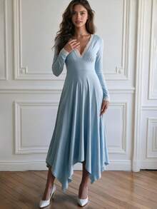 Elegant Women's Lace Trim V-Neck Long Sleeve Asymmetrical Hem Dress, Suitable For Autumn/Winter Wedding, Outing, Dating - Baby Blue - View 4