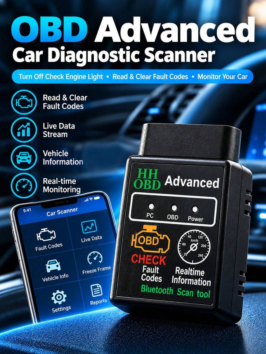OBD2 Bluetooth Car Diagnostic Scanner, Check Engine Code Reader & Clear Tool, Live Data Real-Time Vehicle Monitor, Car Accessories - A - View 1
