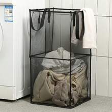 1pc Black Mesh Laundry Basket, Large Square Foldable Dirty Clothes Hamper, Portable Single/Double Layer Handheld Household Bathroom Laundry Storage - Multicolor - View 10