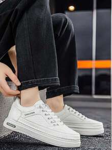 Men's New PU Material Slip-On White Sneakers, Versatile Flat Bottom Sports Casual Skate Shoes - White - View 2
