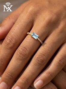 Women's Customized Birthstone Ring, Copper Inlaid Rectangular Cubic Zirconia, Exquisite Pave Side Stones Thin Band, Stackable For Daily Wear, Fashion Jewelry Gift For Birthday, Anniversary, Party Occasions - Multicolor - View 2