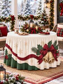 1pc Christmas Table Skirt, White Green Holly Berry Bell Bow Snowflake Print Polyester Ruffled Table Cover, Festive Decorative Table Skirting For Dining Table, Buffet, Dessert Table, Xmas Party, Holiday Dinner And Home Decor - A - View 3