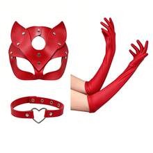 1-2/4pcs Punk Cat, Fox, Rabbit Costume Set, Includes Eye Mask, Heart Choker, And Faux Leather Gloves - Suitable For Halloween Parties, Leather Balls And Other Occasions,Party - Multicolor - View 9