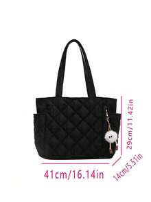 Tote Bag With Diamond Quilted Pattern, Decorated With Cute Pom Pom Elf Charm, Multi-Pocket Large Capacity Design, Can Store Books, Umbrellas And Other Personal Items, Zipper Closure, Casual Slouchy Tote Bag For Students, Young Women Daily School, Shopping And Commuting - Black - View 10