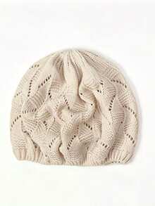1 buah Topi Beret Rajut Wanita Ukuran Besar Bentuk Angka 8, Topi Rajut Wol untuk Musim Dingin - Krem - View 3