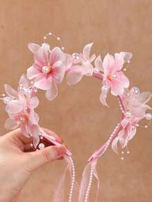 1件女童人造花珍珠髮箍，附仙女風薄紗花珠鏈墜飾髮飾，適合日常配戴、旅行、編髮造型、情人節、派對，仙女風 - 粉色 - 查看 2