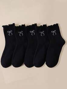 5 Pairs Women's Bow Mid-Calf Socks, Japanese Lolita Style Black Ruffle Lace Socks, Bow School Style Mid-Calf Socks, Suitable For Daily Wear - Black - View 1