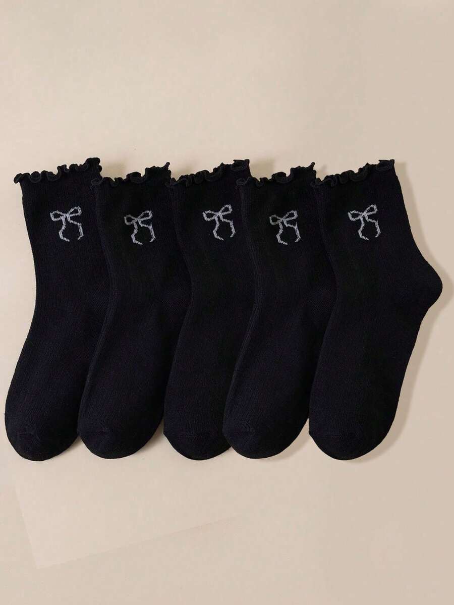 5 Pairs Women's Bow Mid-Calf Socks, Japanese Lolita Style Black Ruffle Lace Socks, Bow School Style Mid-Calf Socks, Suitable For Daily Wear - Black - View 1