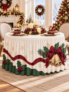 1pc Christmas Table Skirt, White Green Holly Berry Bell Bow Snowflake Print Polyester Ruffled Table Cover, Festive Decorative Table Skirting For Dining Table, Buffet, Dessert Table, Xmas Party, Holiday Dinner And Home Decor - A - View 8