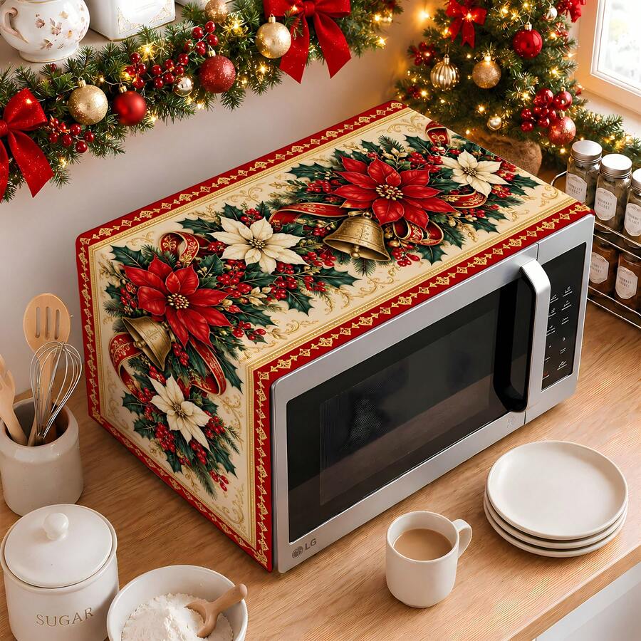 2dflat 1pc Red Gold Border Christmas Microwave Dust Cover, Red Bell Print Home Microwave Cover Cloth Kitchen Decor - Multicolor - View 1